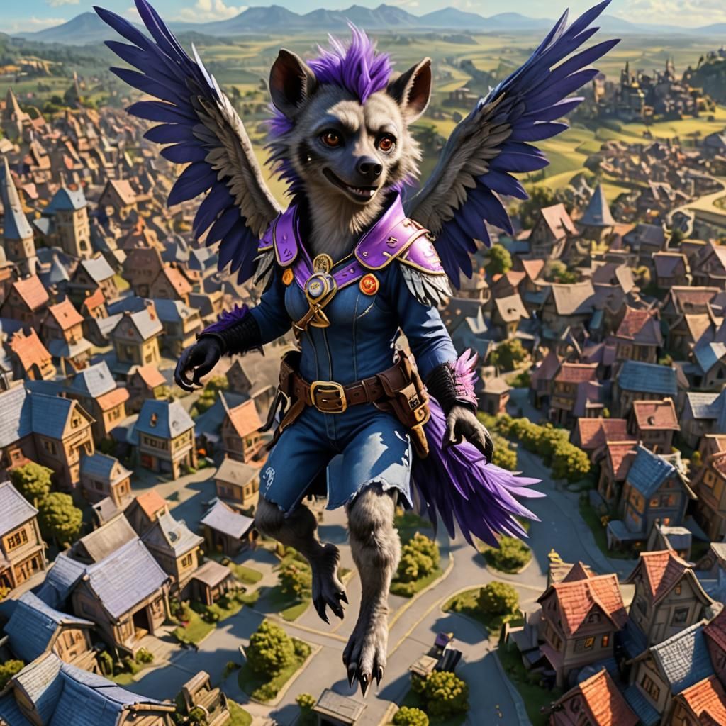 Anthropomorphic Flying Hyena Over Munchkin Village