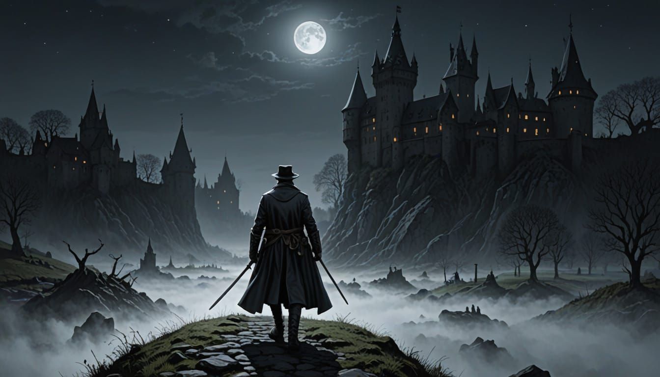 Dark Knight Ascends Ruined Castle in Moonlit Atmosphere
