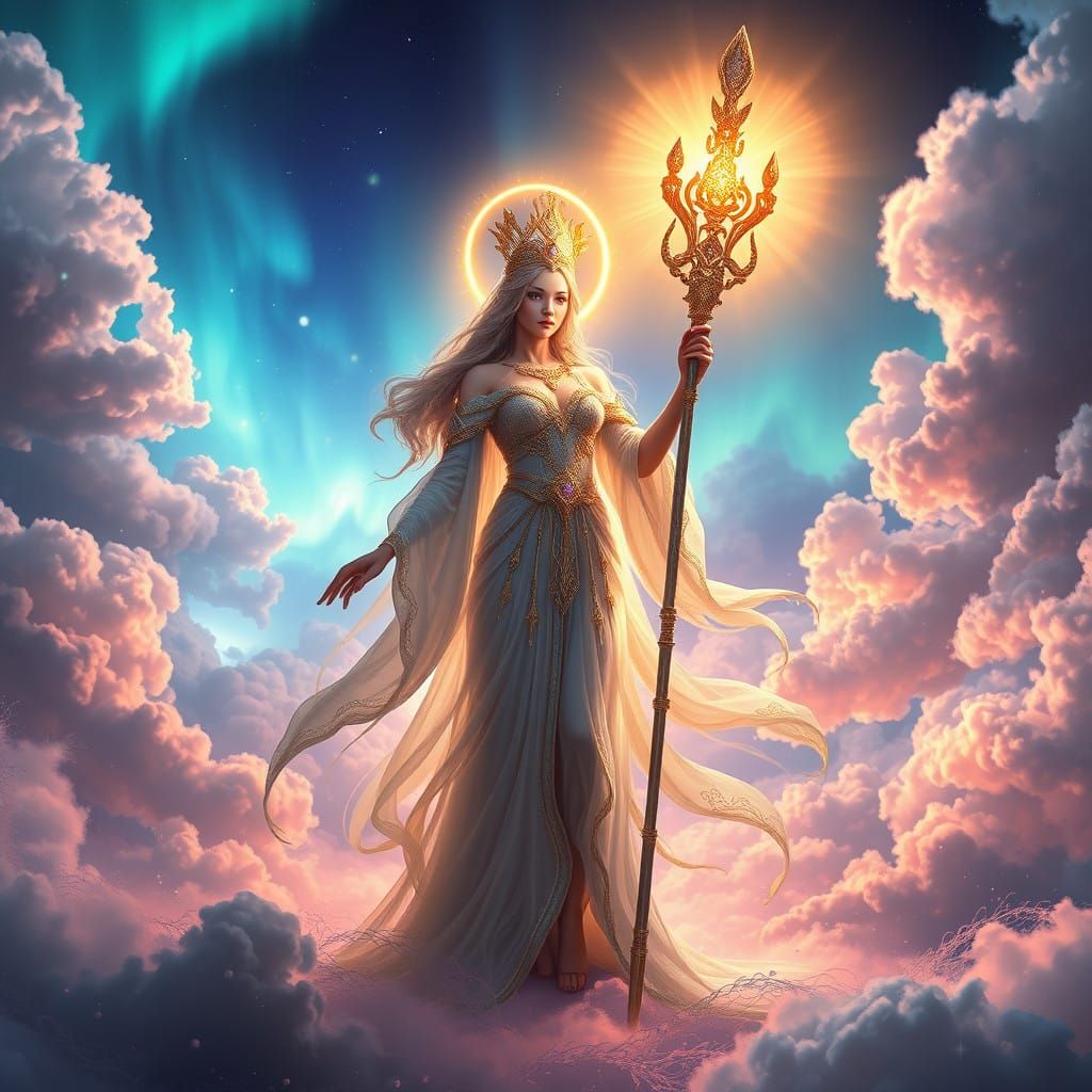 Radiant Goddess of Dawn Illuminates Ethereal Landscape in Cy...