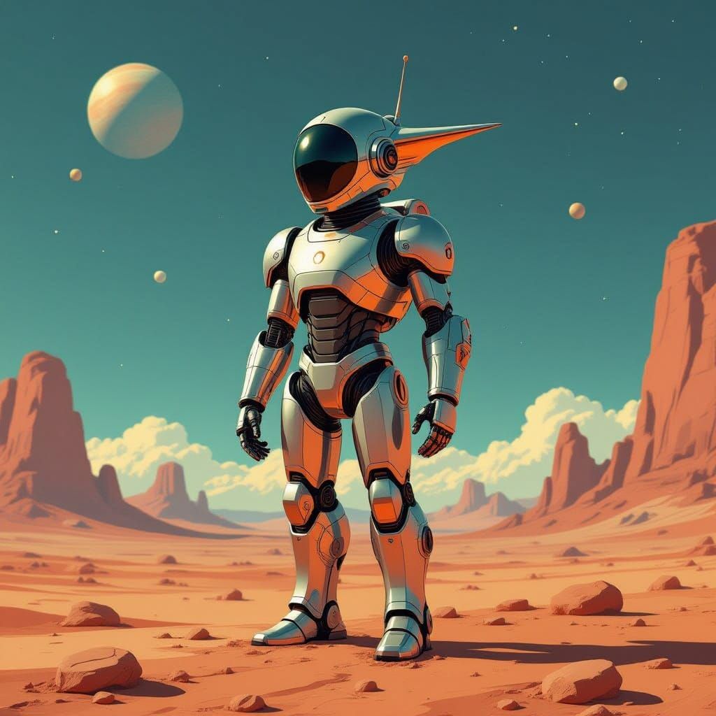 Retro-Futuristic Robot Stands Alone on Desolate Planet