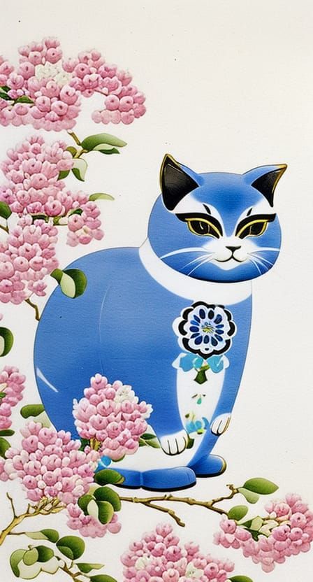 Lucky Cat Figurine in Watercolor Harajuku Style