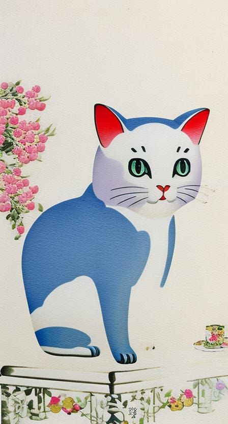 Lucky Cat Figurine at Tea Party: Kawaii Illustration