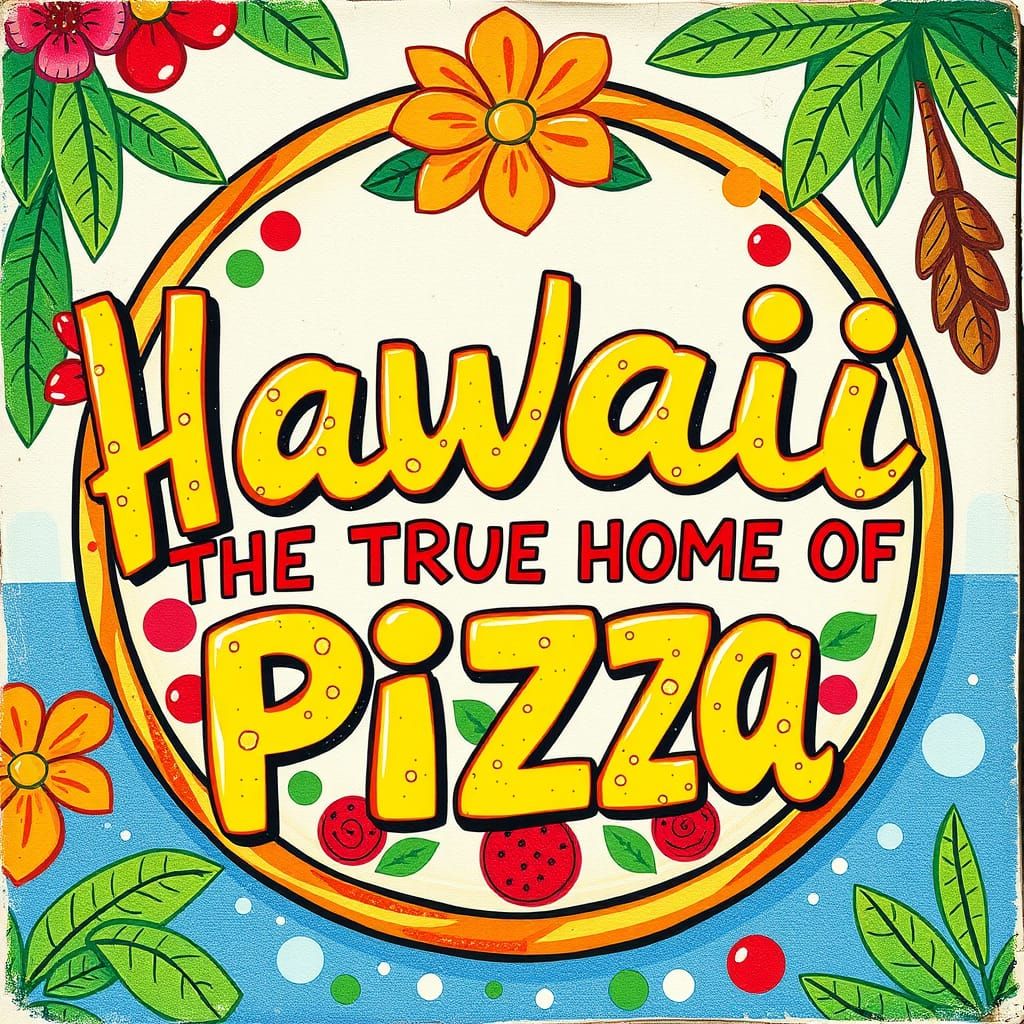 Vibrant Hawaiian Pizza Sign in Whimsical Hand-Painted Style