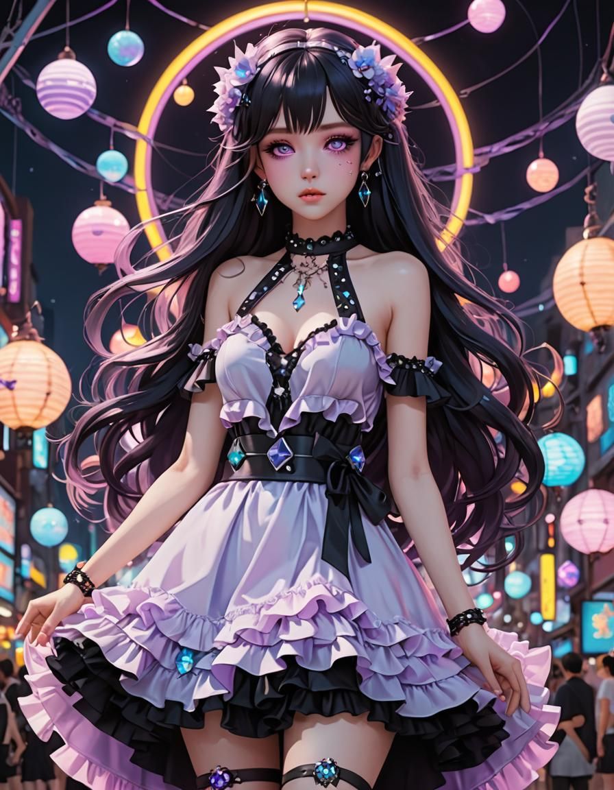 Pastel Goth Dress with Neon Lights in Anime Style
