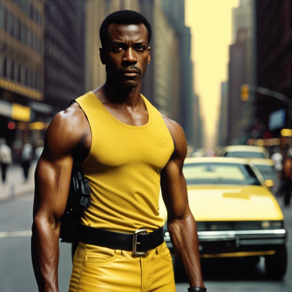 1980s Action Hero Portrait in Burning City