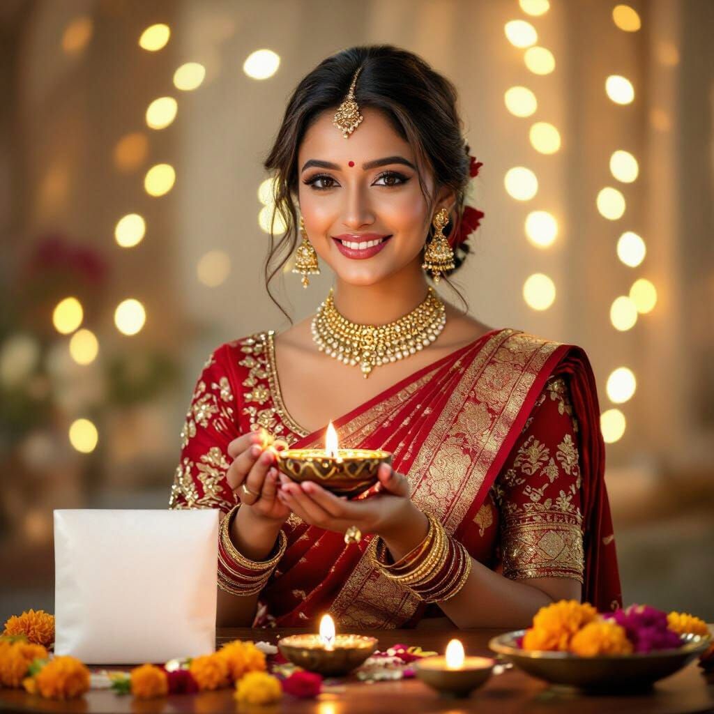 Indian Woman in Saree Holds Glowing Diya