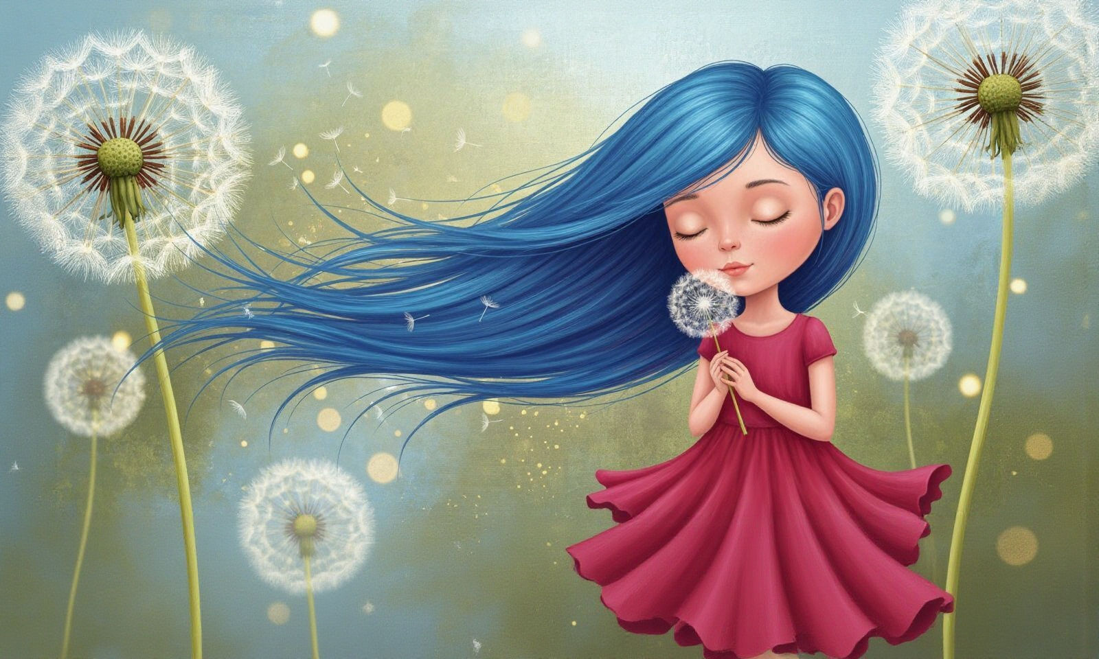 Surreal Children's Book Illustration of Girl Smelling Dandel...