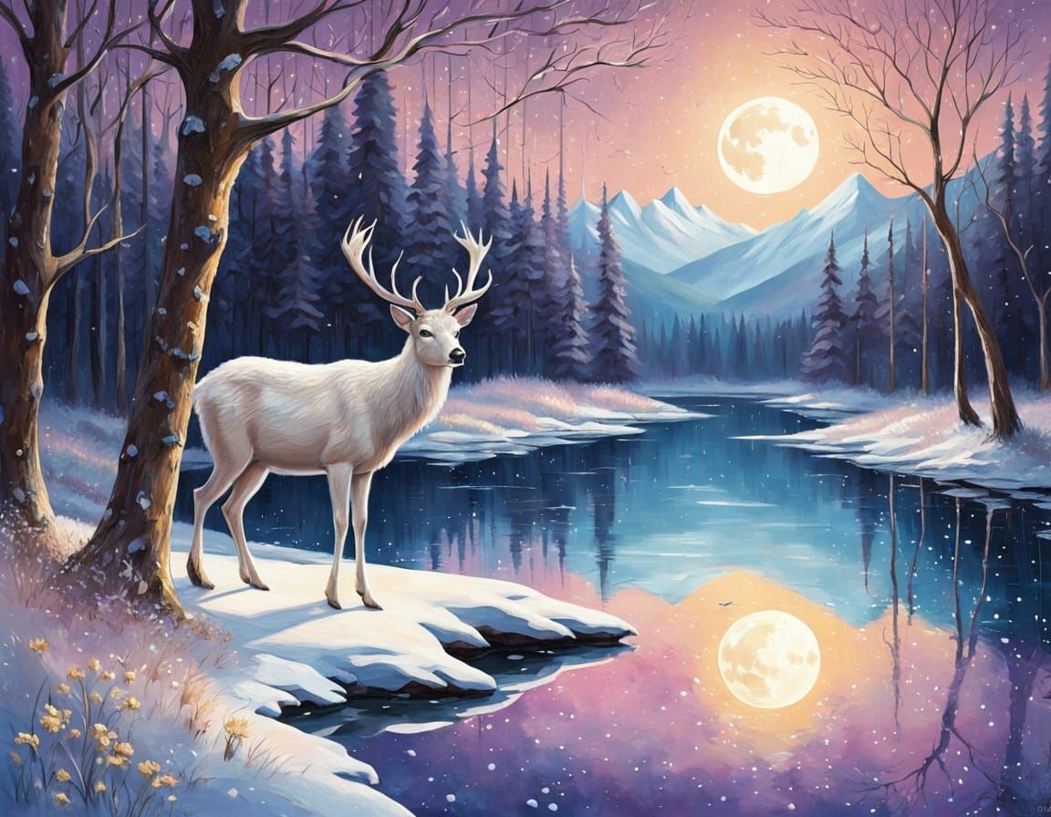 Majestic White Deer by Moonlit Lake in Snowy Forest