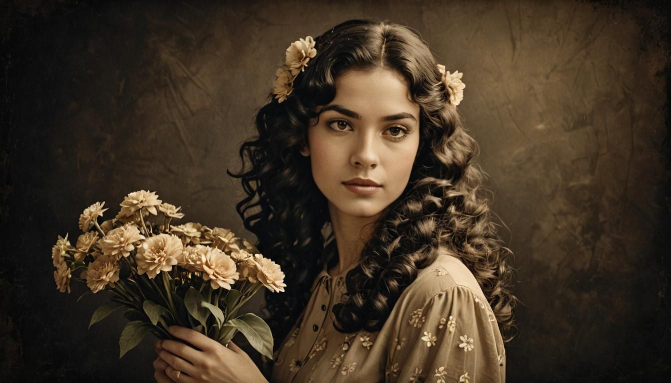 Vintage Sepia Portrait of a Girl with Flowers