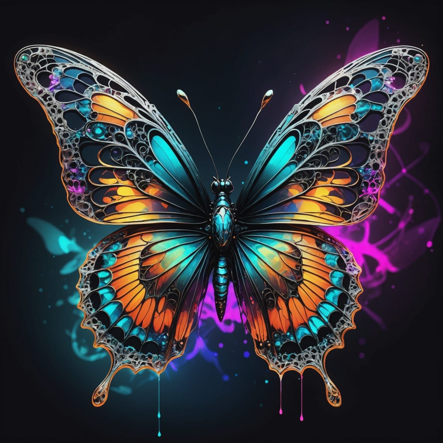 Neon Butterfly with Fractal Filigree in Mixed Media Style
