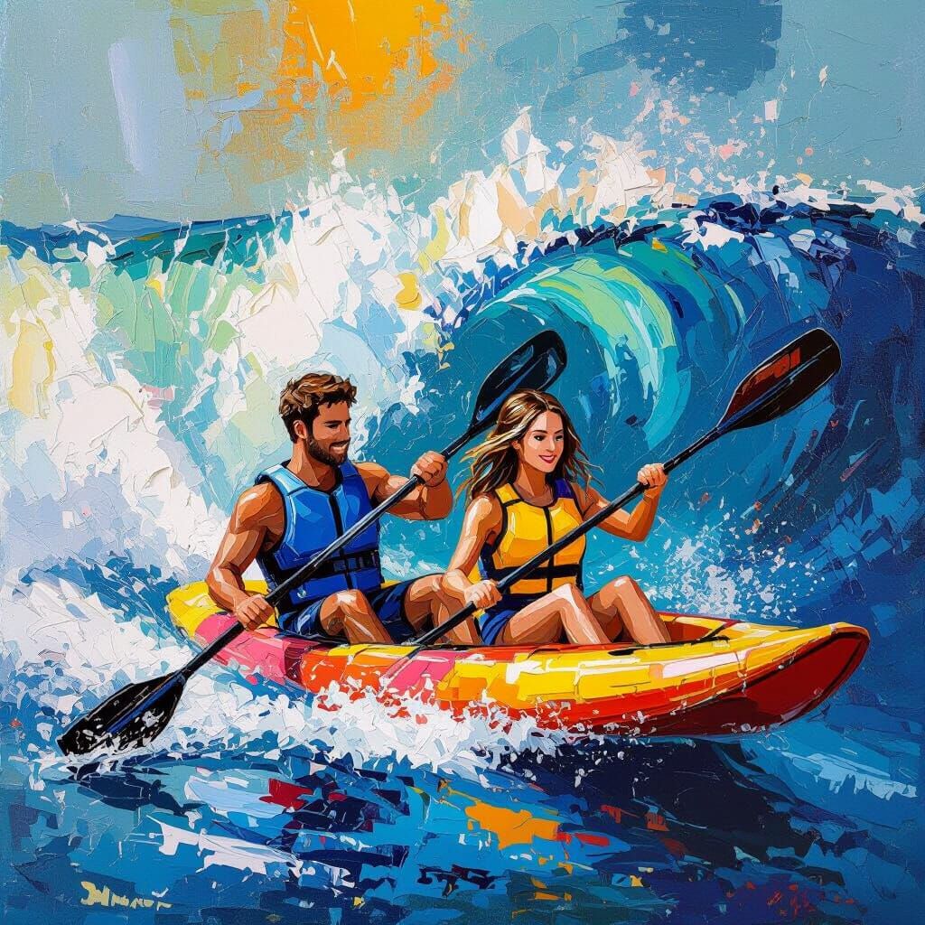 Couple Surfing Open Ocean Swell in Kayak