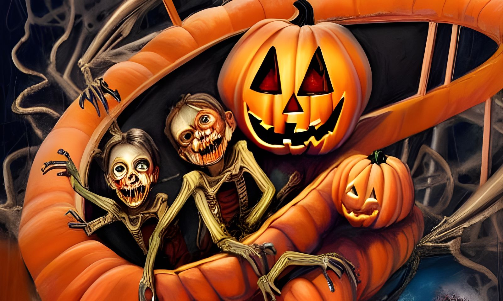 Grotesque Jack-o-Lantern Rollercoaster in Mixed Media Style