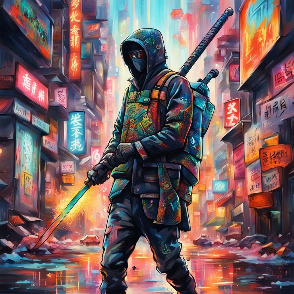 Futuristic Katana Graffiti Art with Glowing Signs