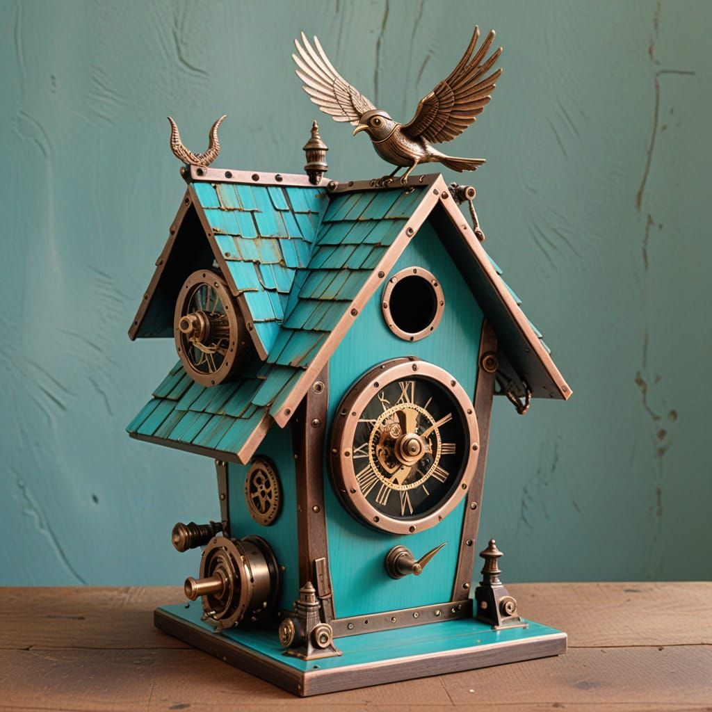 Steampunk Clockwork Birdhouse with Mechanical Birds