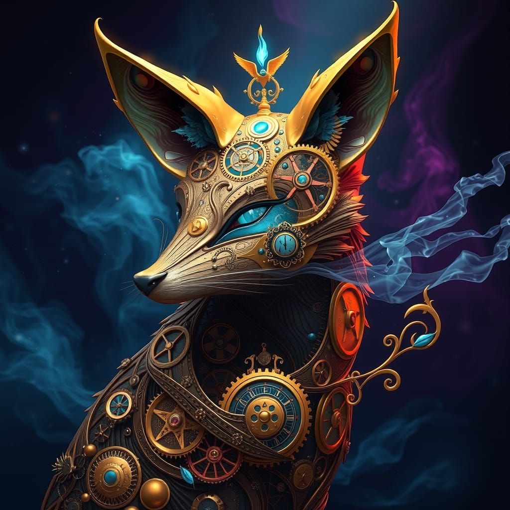 Mystical Golden Clockwork Fox in High-Fantasy Style