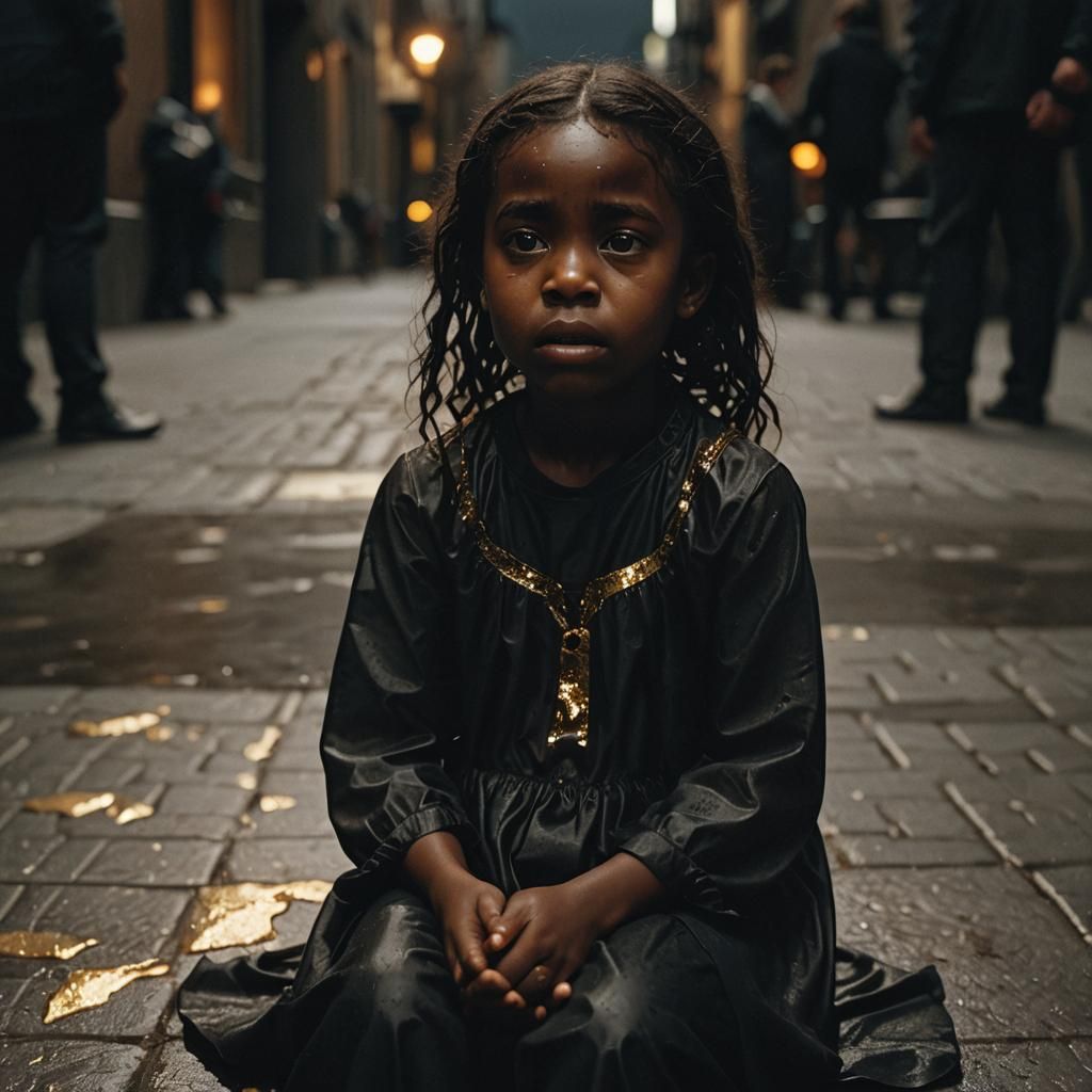 Little Girl Cries Golden Tears in Moody Lighting