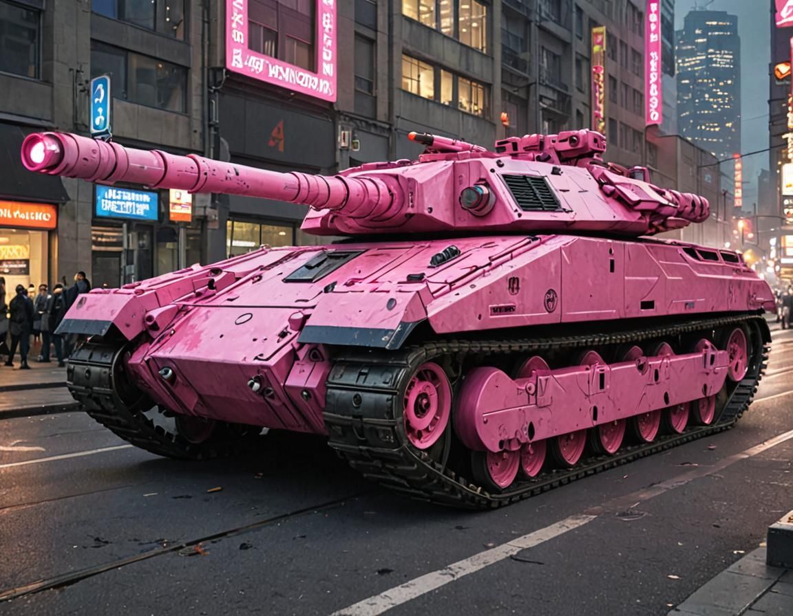Futuristic Neon Pink Tank in Sci-Fi Cityscape