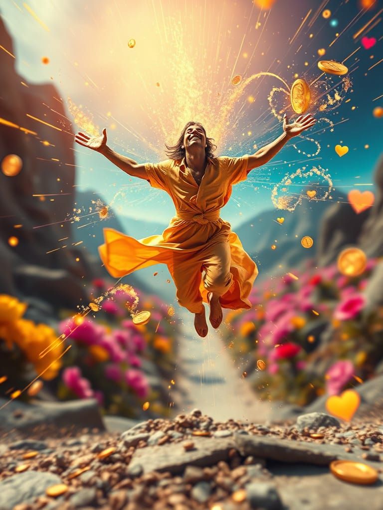 Golden Figure Soars in Vibrant, Surreal Landscape