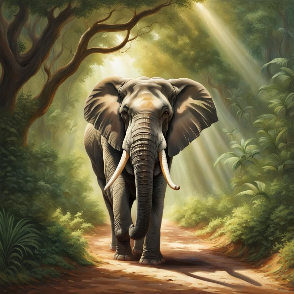 Indian Elephant in Jungle, Photorealistic Painting
