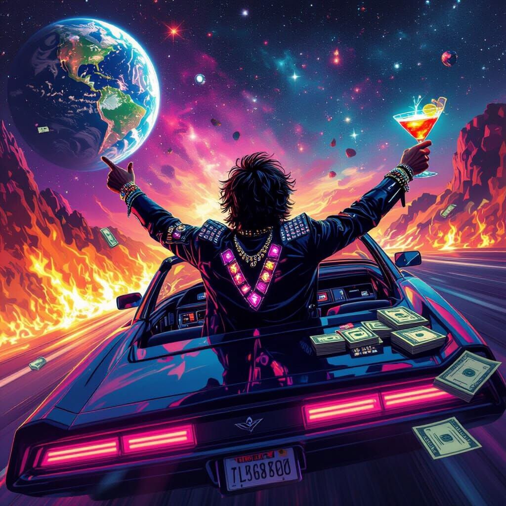 Futuristic Rockstar in Space Car Album Cover