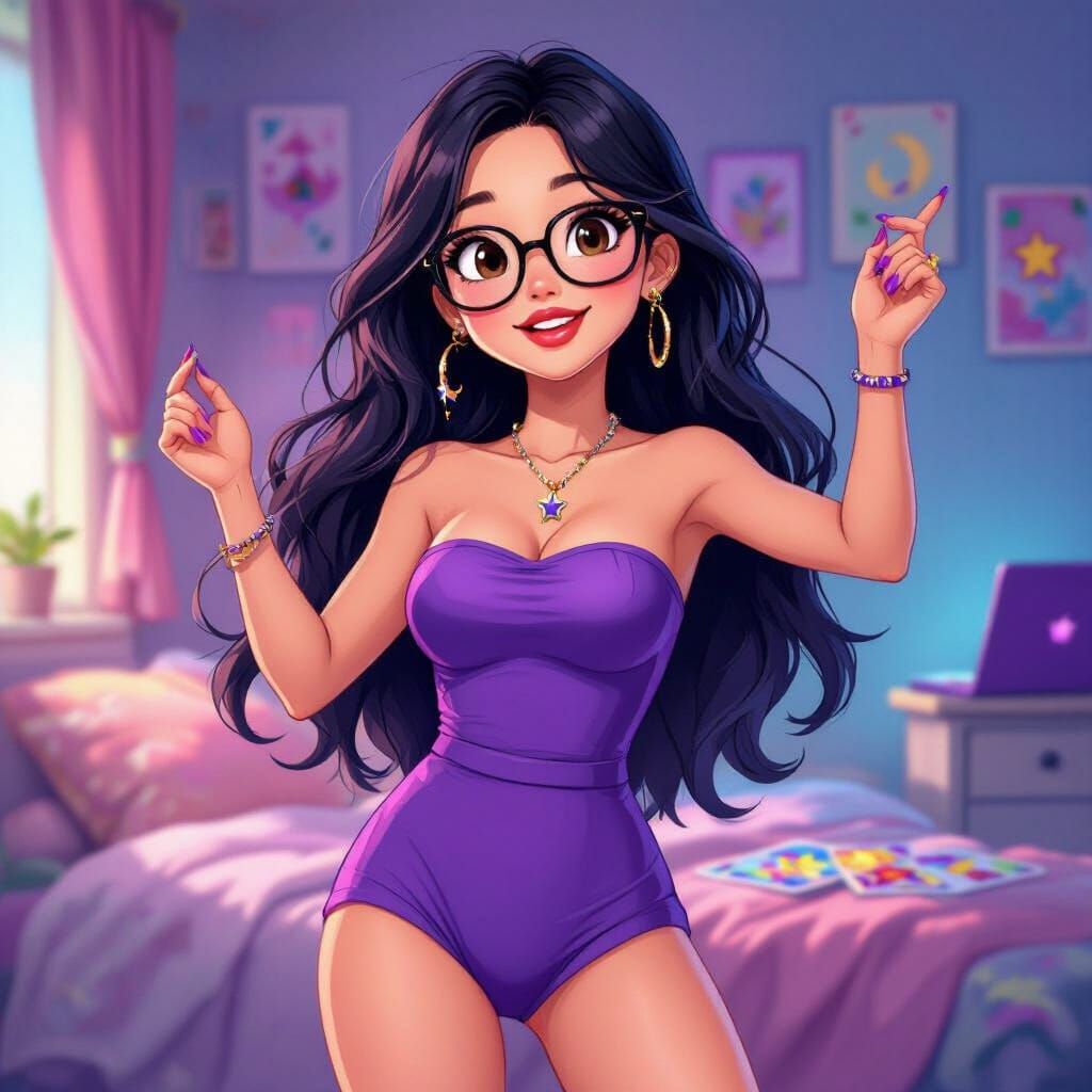 Animated Asian Woman Dancing in Whimsical Style