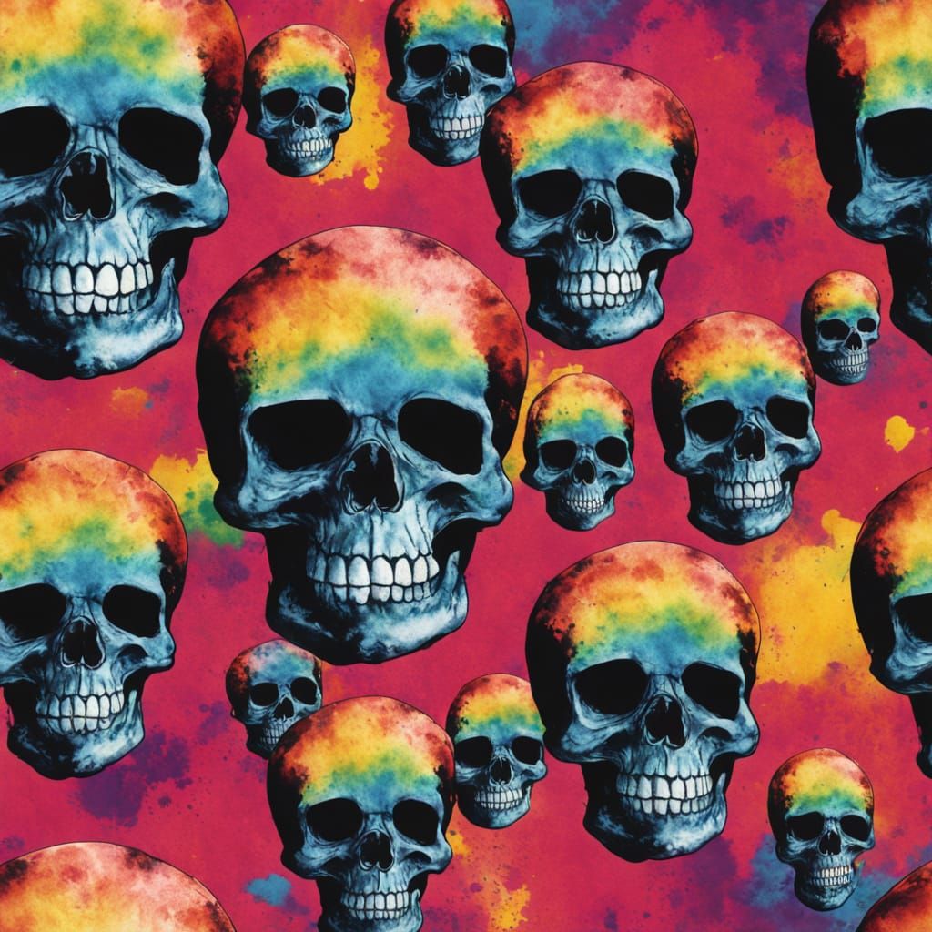 Colorful Airbrushed Skull on Tie-Dye T-Shirt