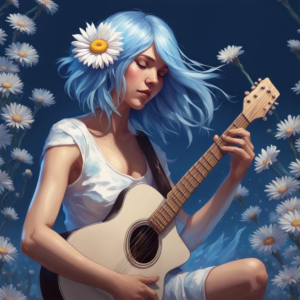 Girl with Blue Hair Plays Bass Guitar