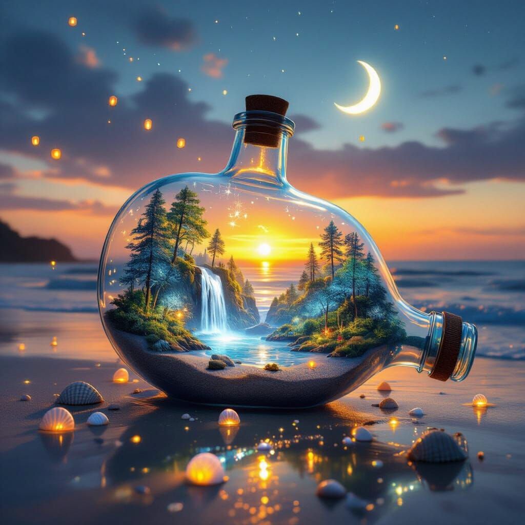 A giant, clear glass bottle washed up on a quiet beach at a ...