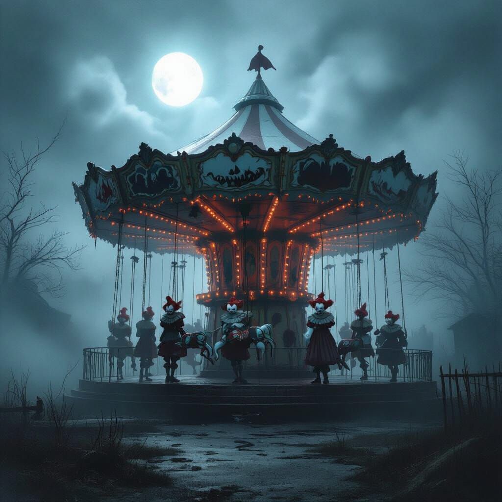 Abandoned Carnival At Night With Scary Clowns Lurking