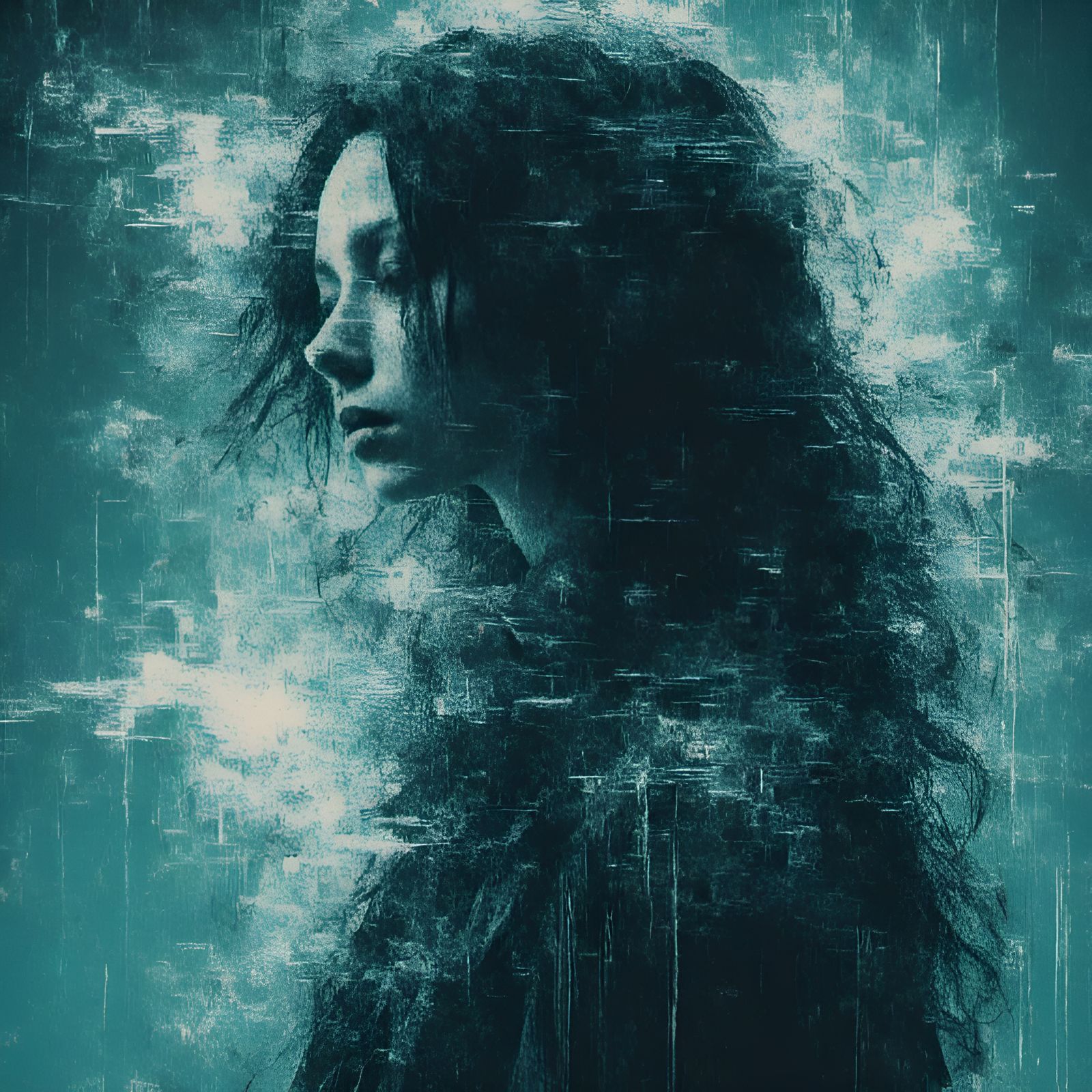 Glitching Woman Portrait with Cyan Shockwaves