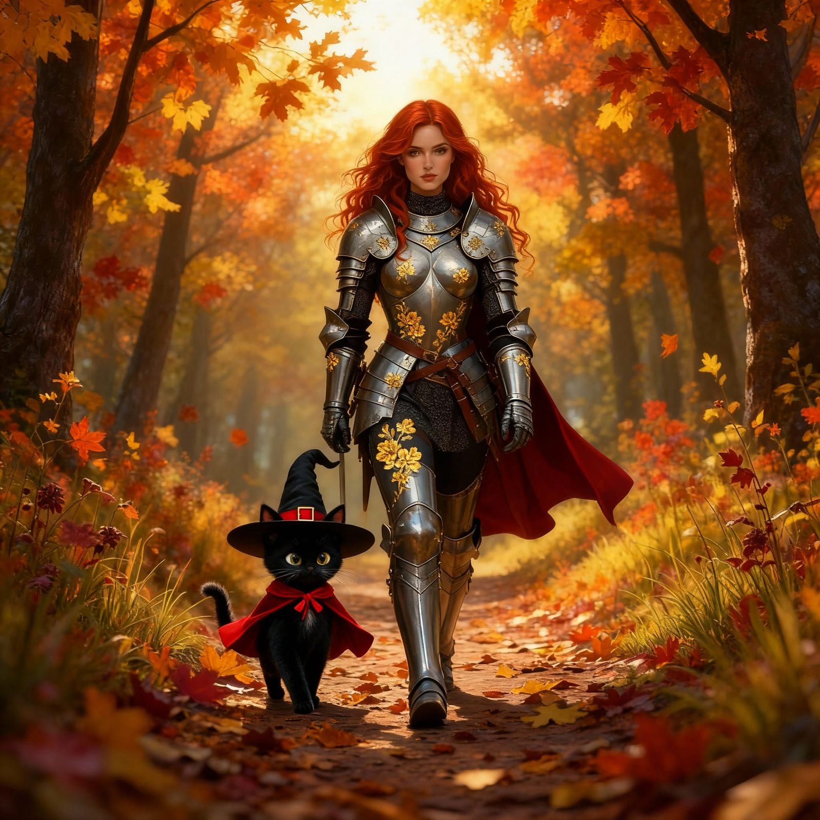 Redhead Warrior Woman and Black Cat Witch in Autumn Woods