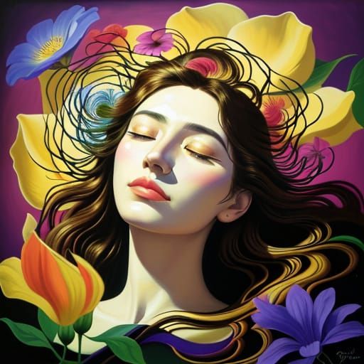 Surreal Oil Painting of a Woman Surrounded by Floating Flowe...