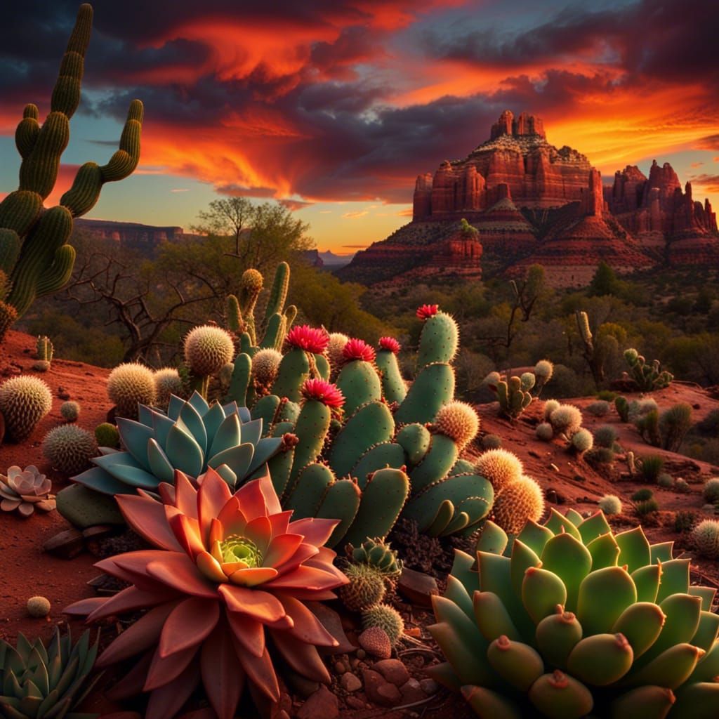 Sedona Sunset with Blooming Cacti