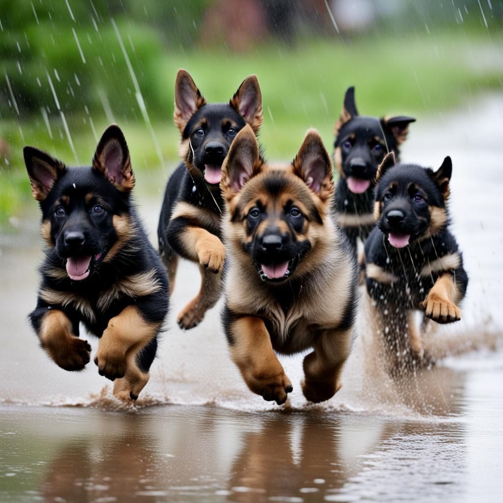 German Shepherd Puppies Play in the Rain