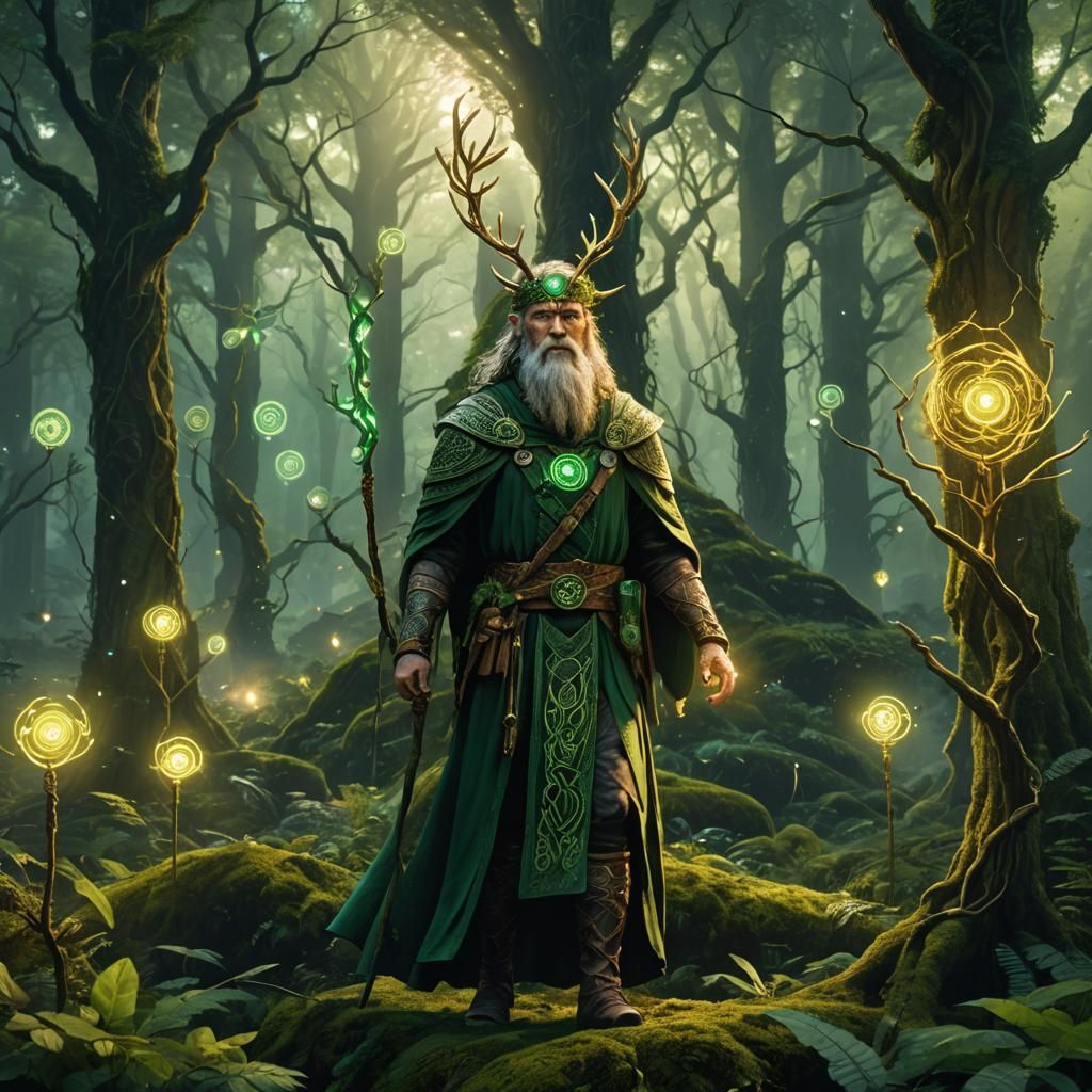 Celtic Druid Restoring Nature with Futuristic Drones