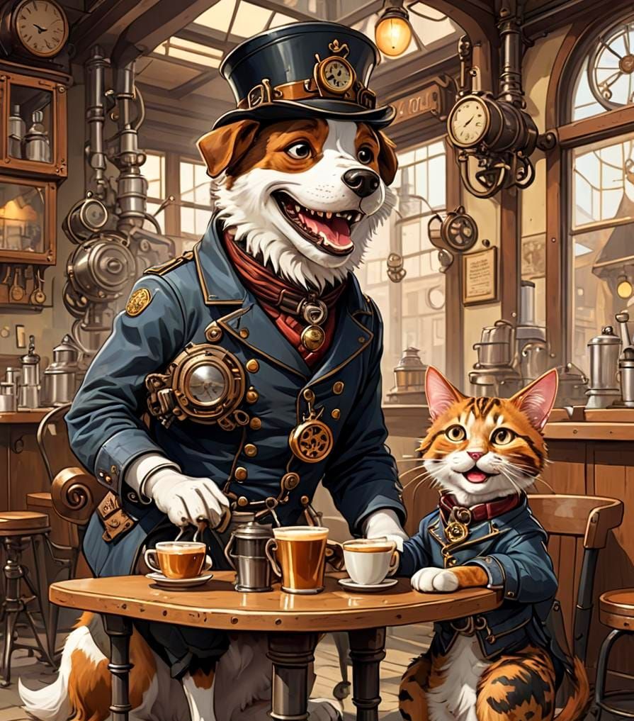 Cartoon Dog and Cat in Steampunk Cafe