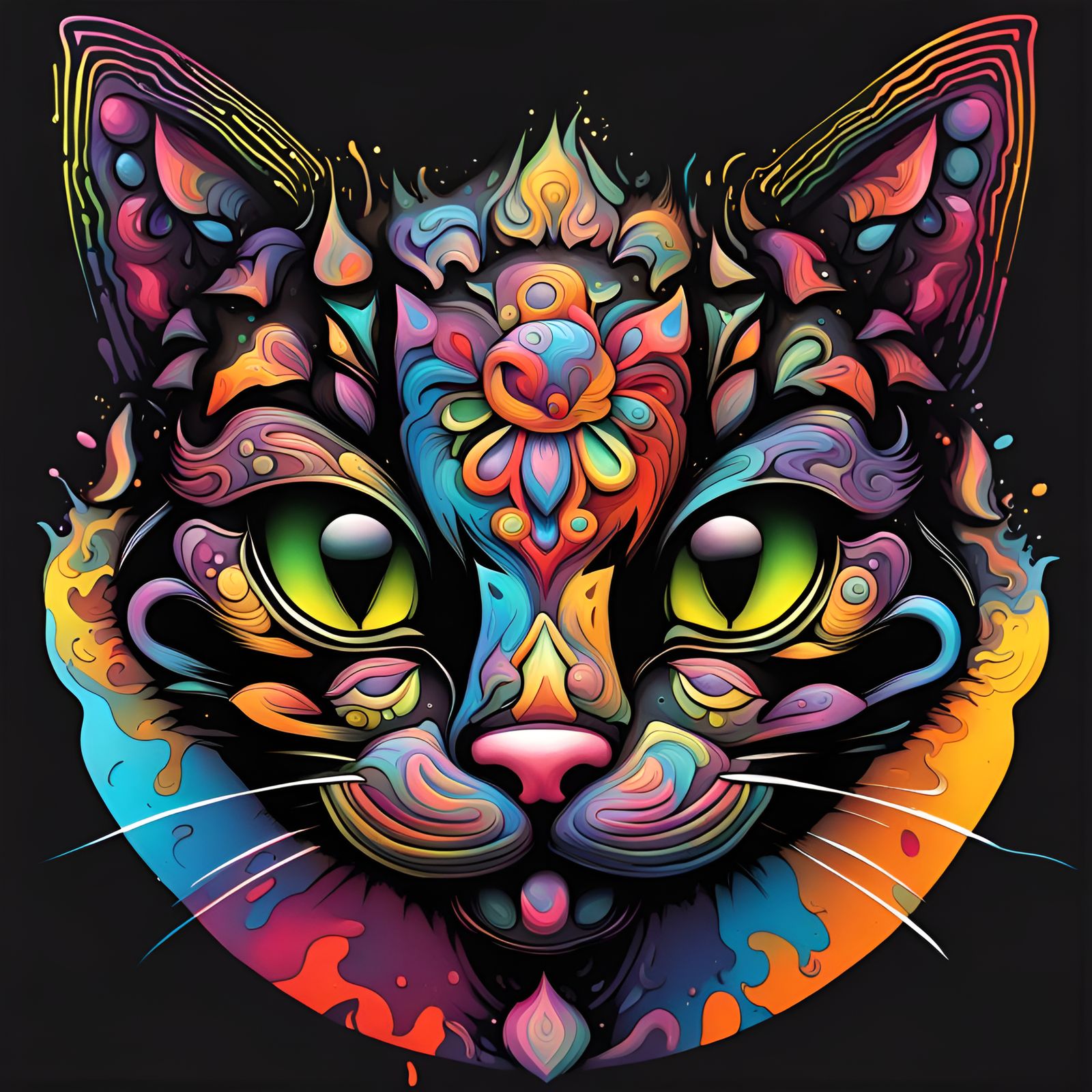 Vibrant 3D Cat Mandala on Black Background