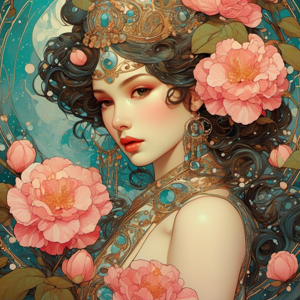 Art Nouveau Camellias with Water Droplets