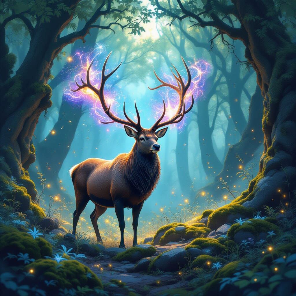 Celestial Stag in Luminous Forest Clearing