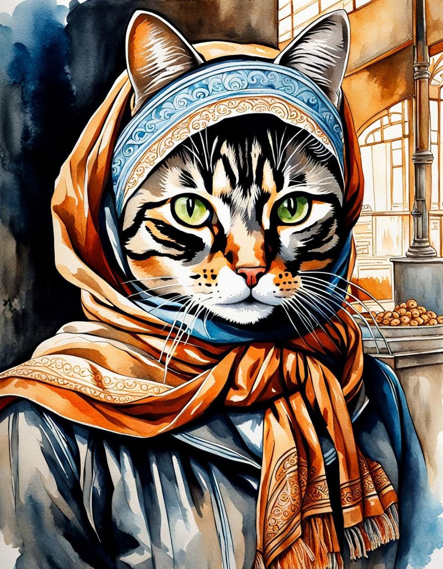 Charming Babushka Cat in Bakery, Watercolor Painting