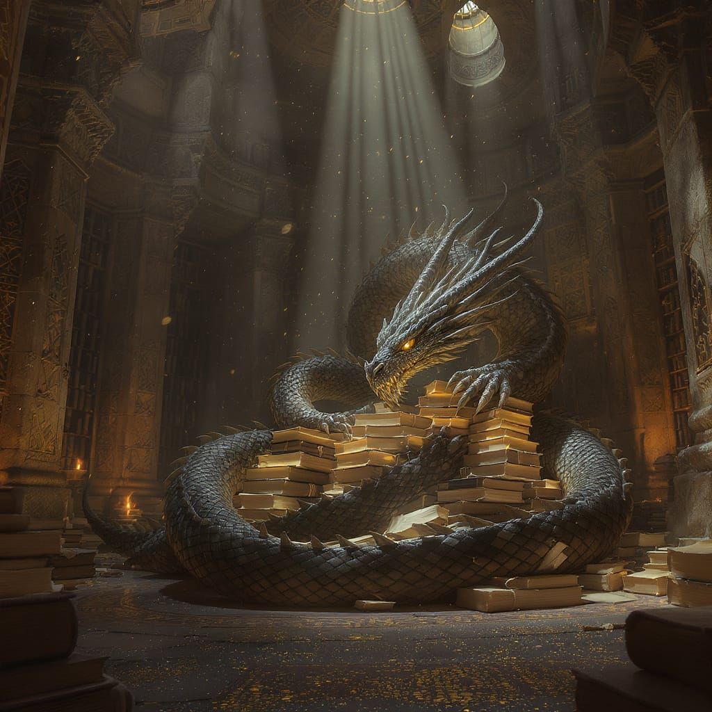 Dragon Curled Around Glowing Tomes in Library