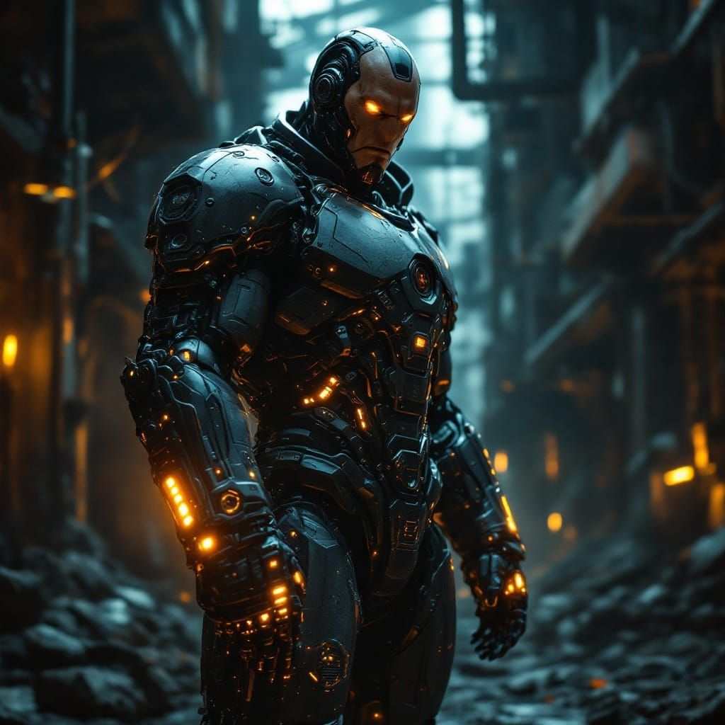 Cybernetic Warrior Stands Vigilant Amidst Industrial Ruin