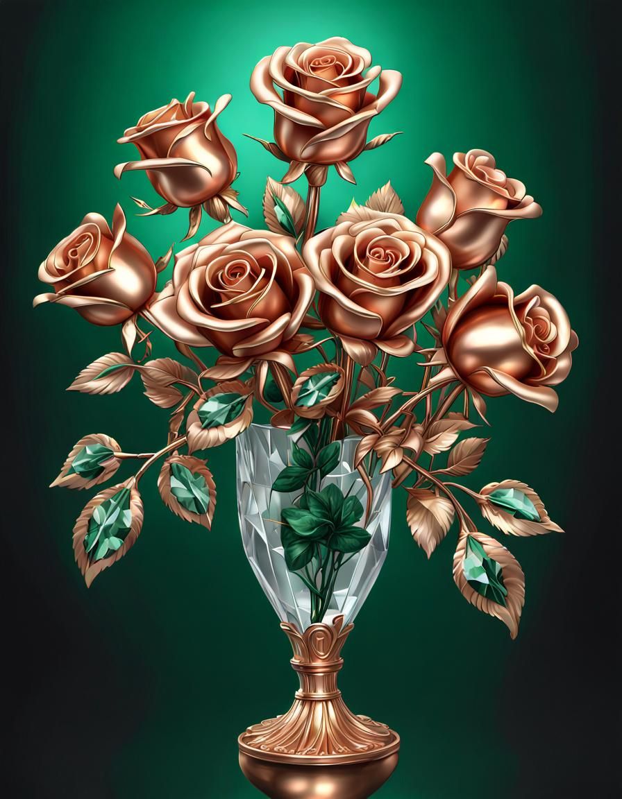 Rose Gold Roses Bouquet in Crystal Vase