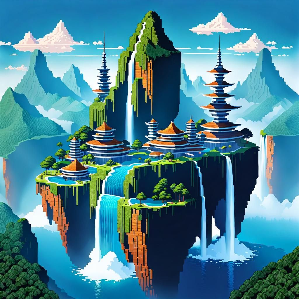 Futuristic Floating City in 8-Bit Style