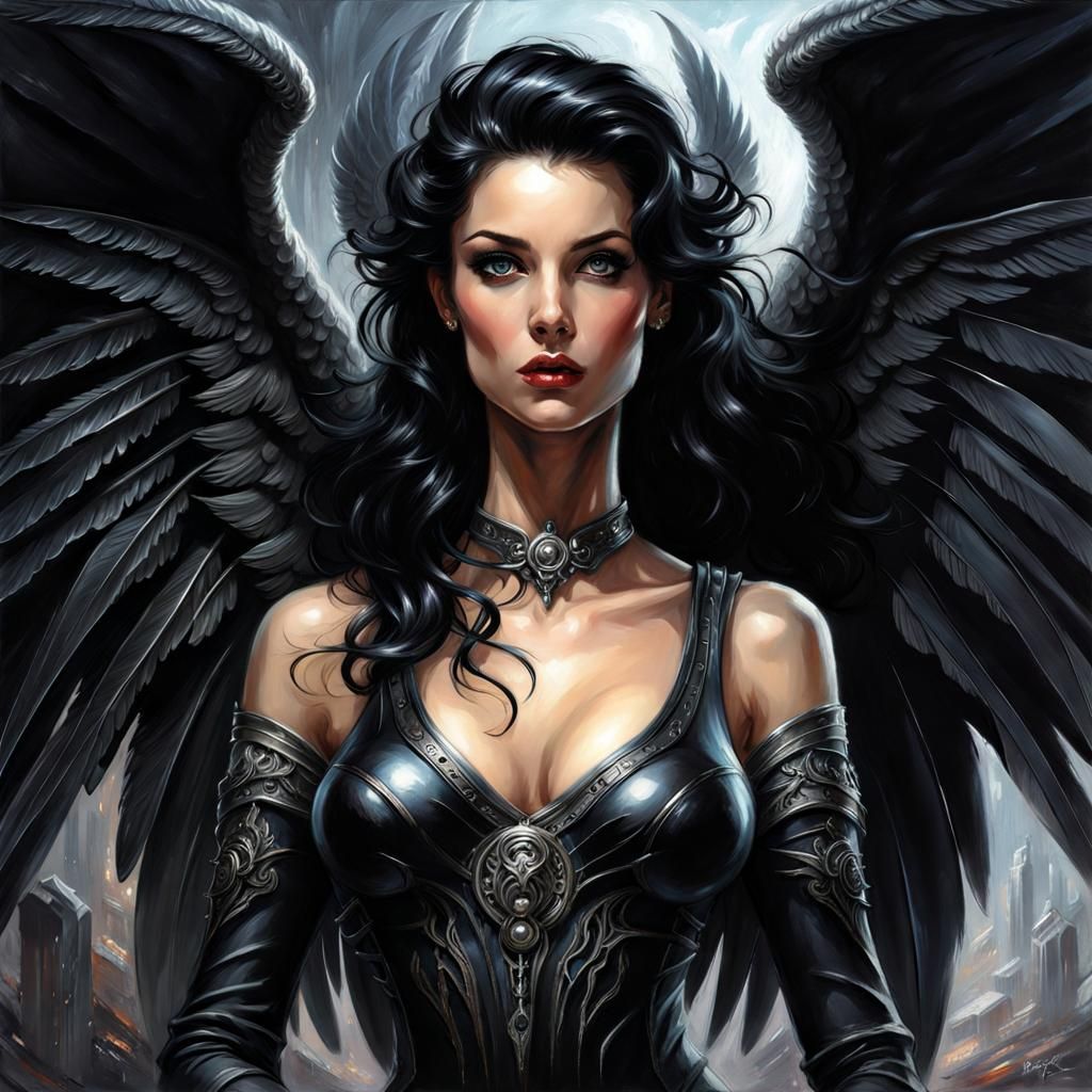 Beautiful Dark Angel in 1950s Oil Painting Style