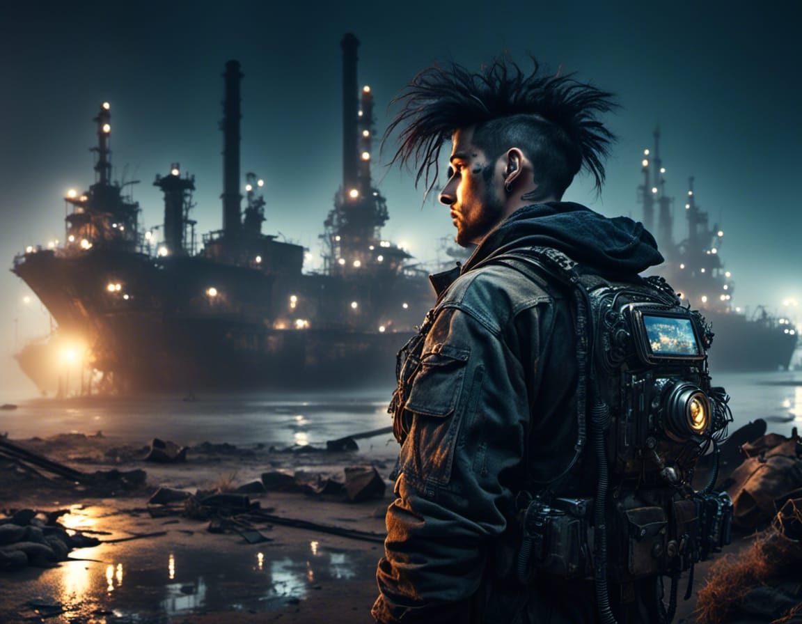 Eerie Cyborg in Trashpunk Wasteland at Night