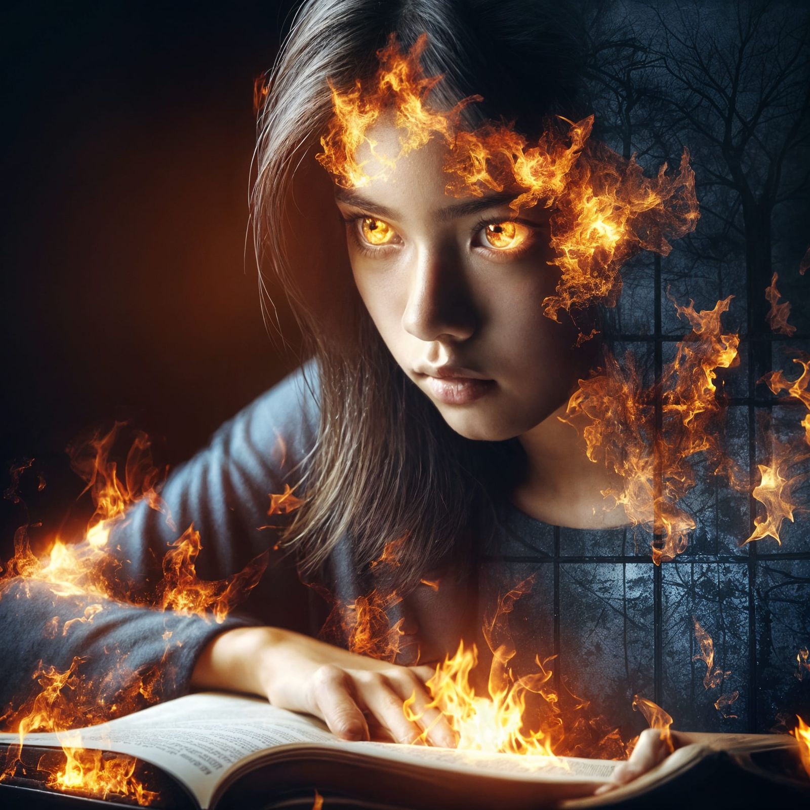 Fiery Silhouette: A Girl's Intense Study in Darkness