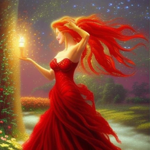 Ethereal Lady in Red Dancing Under the Stars