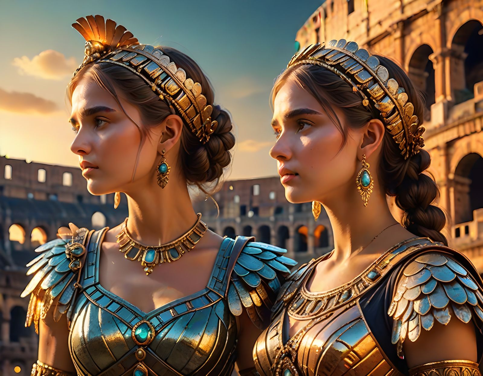 Women in Ornate Roman Attire Stroll a Moonlit Colosseum