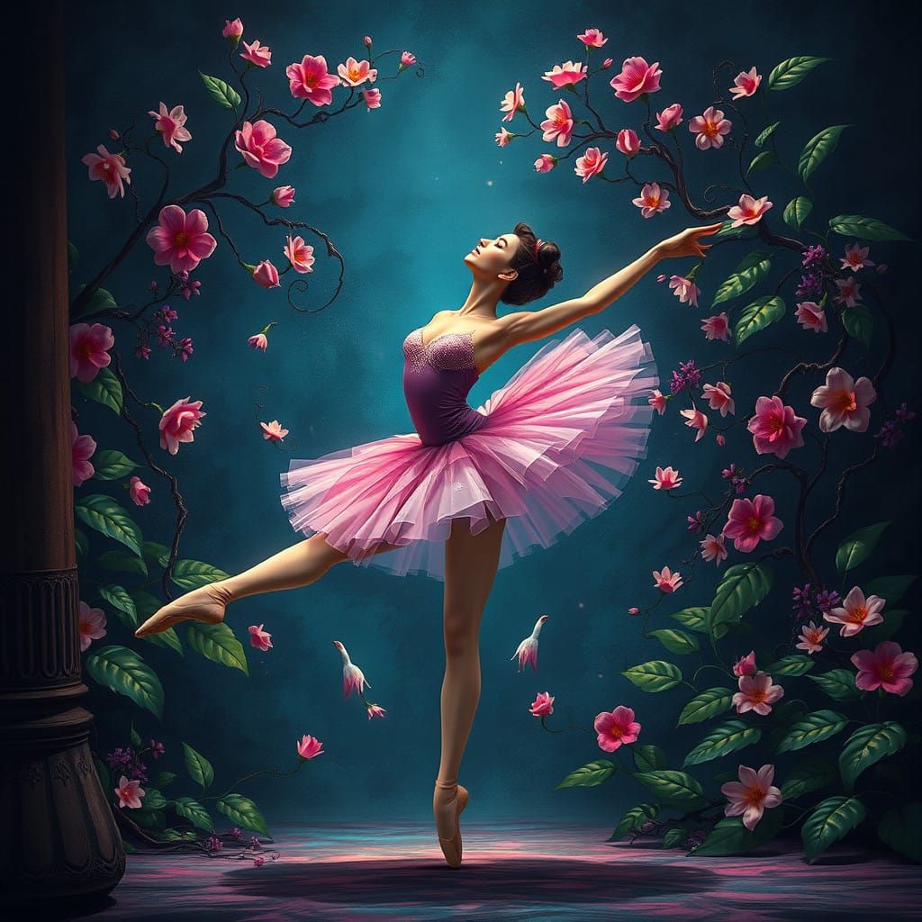Surreal Ballerina Goddess Amidst Whimsical Floral Landscape